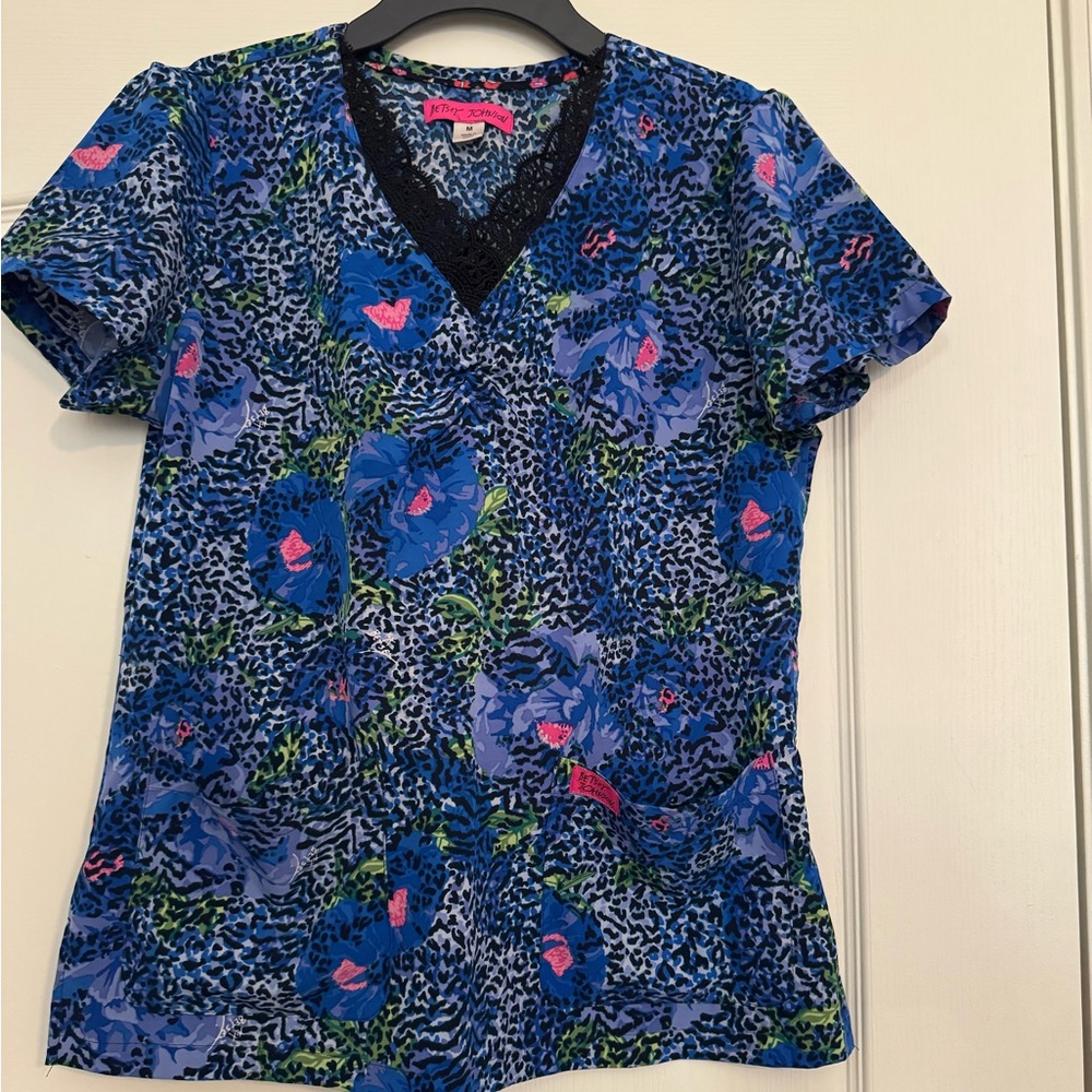 Betsey Johnson Blue and Pink Floral Scrub Top
